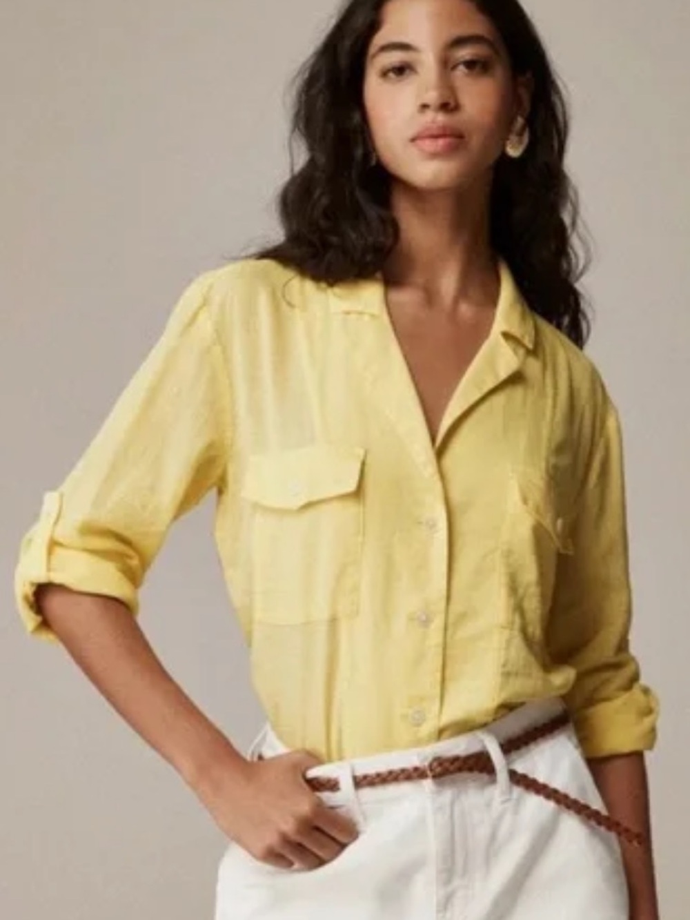J.Crew Linen Cotton Luxury Yellow Camp Collar Shirt Size 0